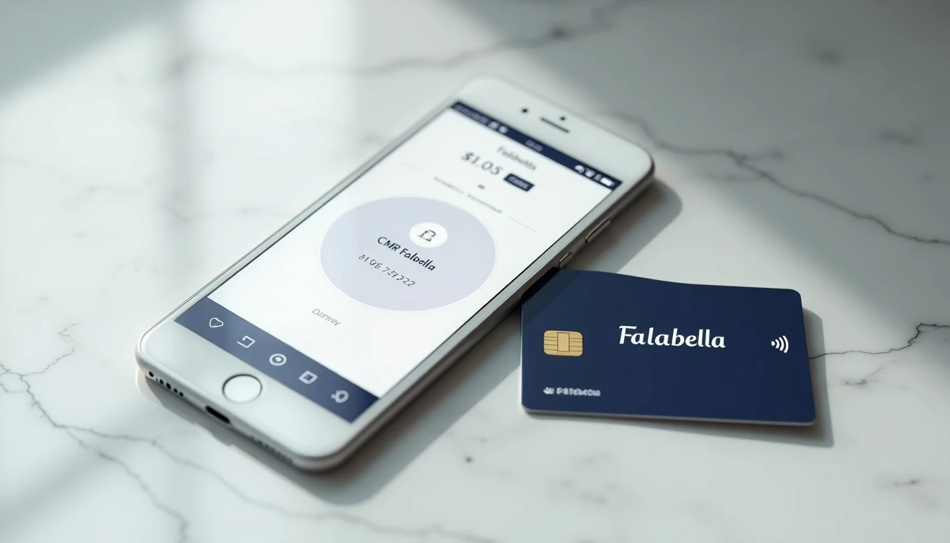 Tarjeta de Crédito CMR Falabella sobre mármol con app del banco en smartphone
