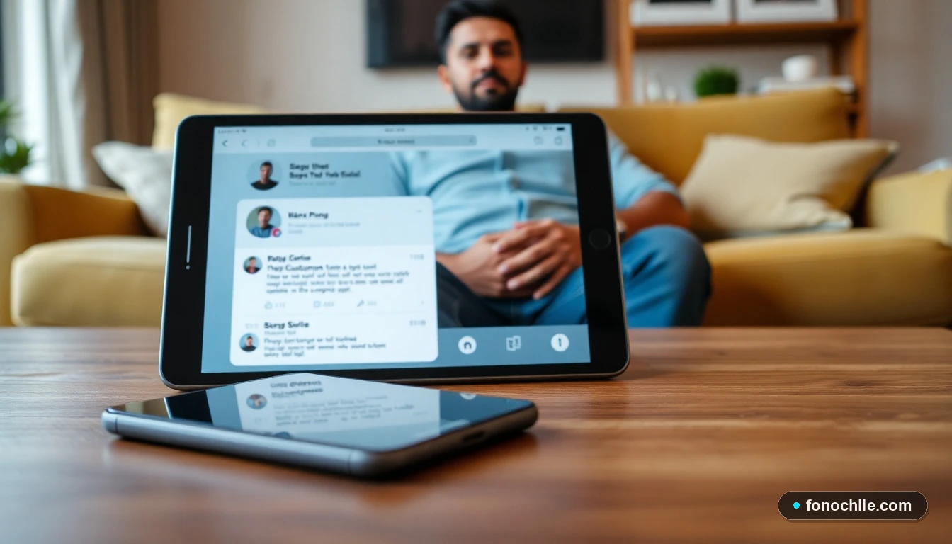 Dispositivos tecnológicos mostrando conceptos abstractos de servicio al cliente y conectividad en un hogar chileno.