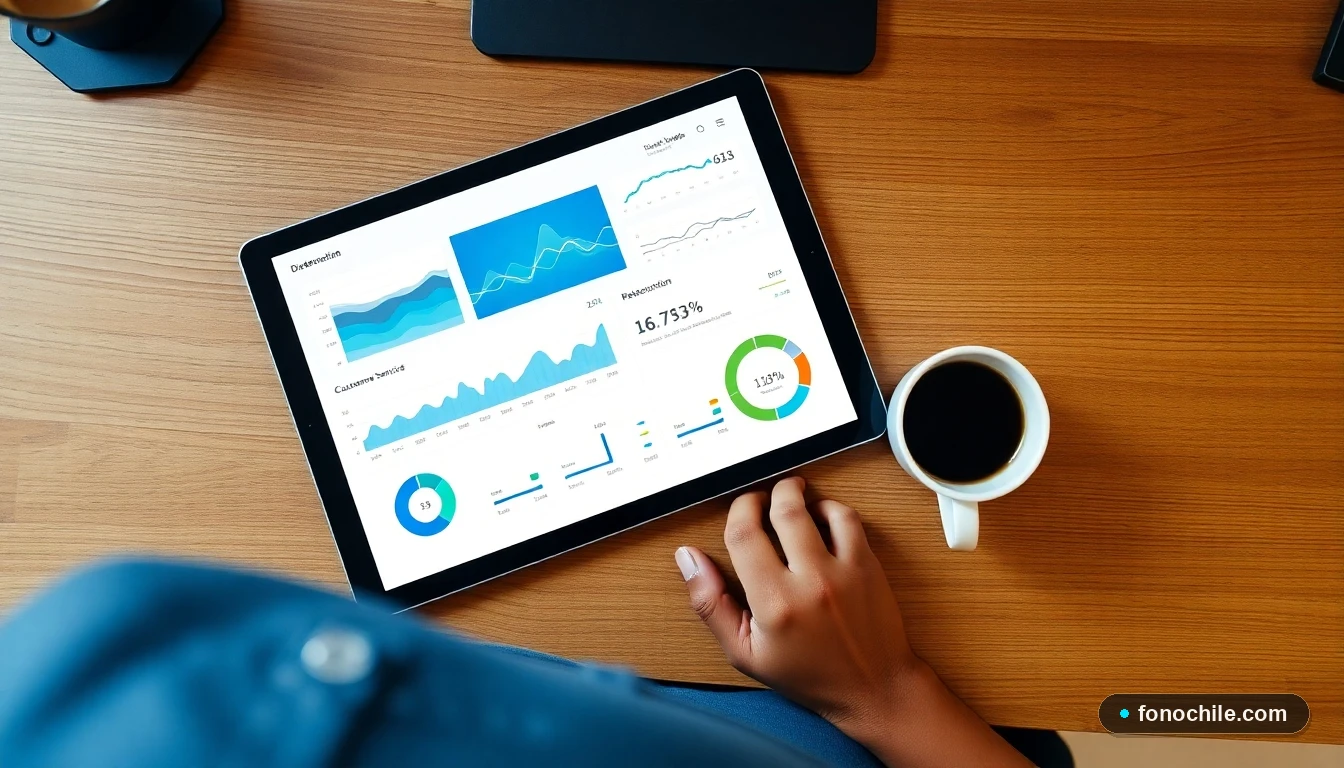Tablet mostrando gráficos abstractos de rendimiento de red y métricas de servicio al cliente en un escritorio moderno.