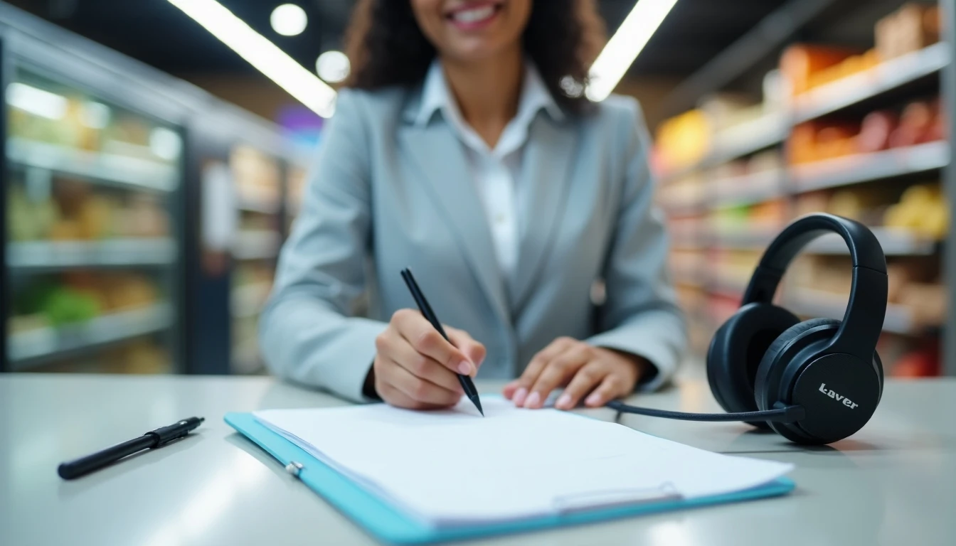 Mesa de atención al cliente de supermercado Líder con elementos de soporte
