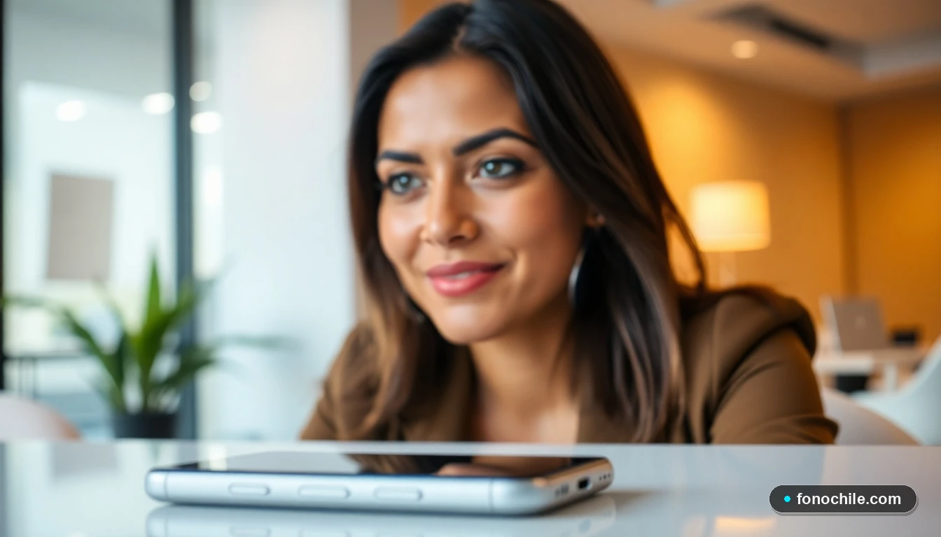Agente de Movistar escuchando atentamente junto a un teléfono inteligente en una mesa de trabajo moderna.