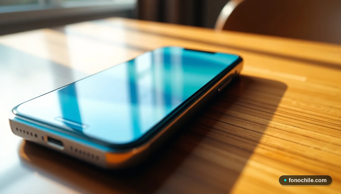 Un teléfono inteligente moderno sobre una mesa, mostrando una interfaz genérica, representando las herramientas de gestión de saldo y financiamiento de Tanner.