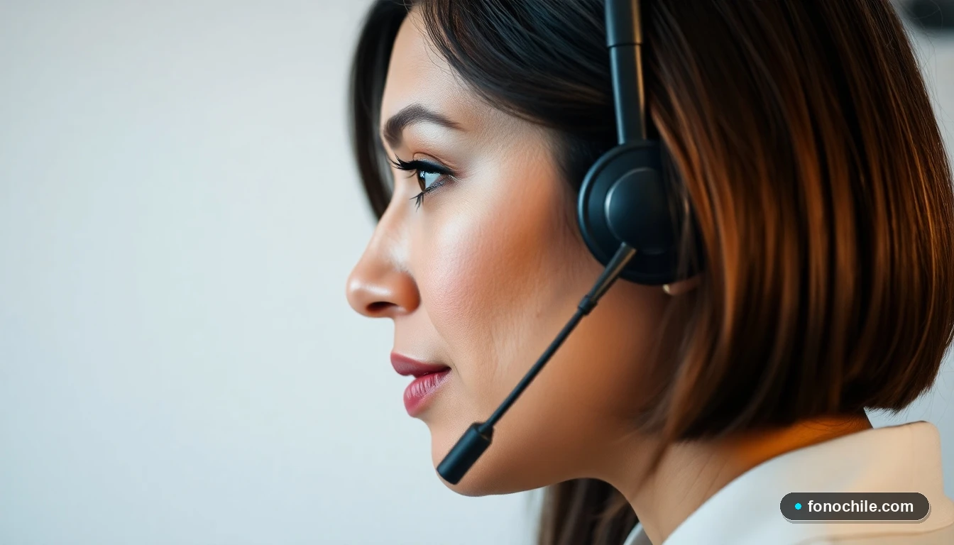 Primer plano de representante de BCI Chile escuchando atentamente a través de su diadema en un entorno de oficina moderno.