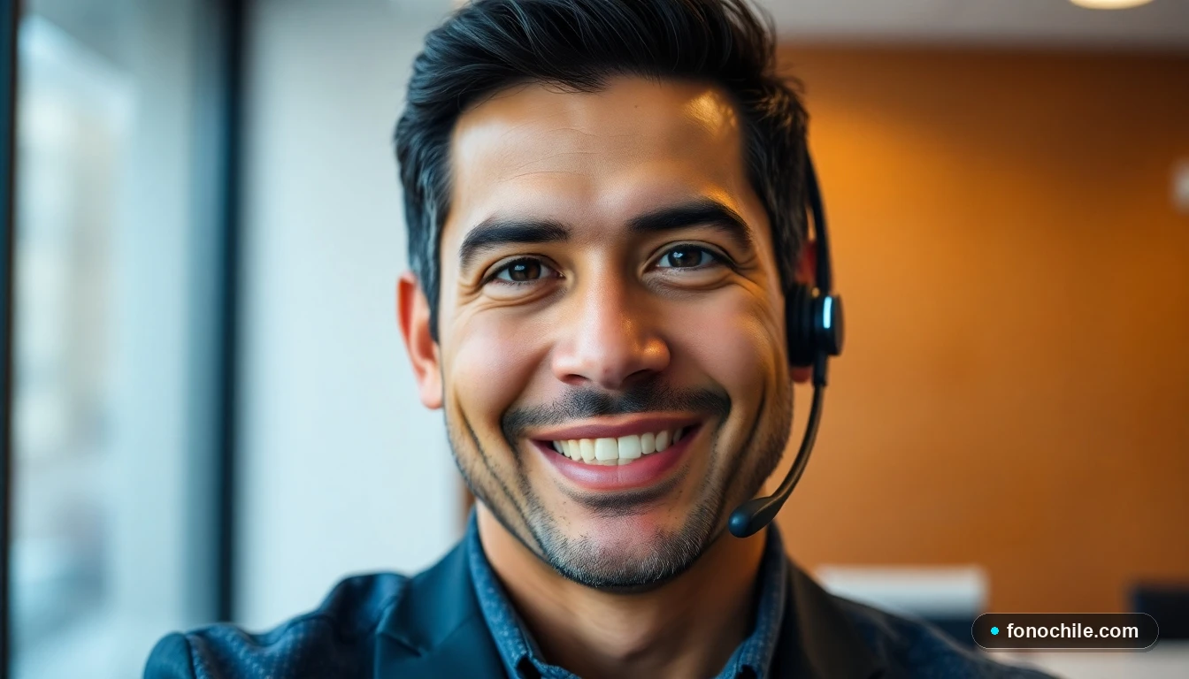Agente de servicio al cliente de Claro sonriendo, usando un headset profesional en un entorno de oficina moderno.