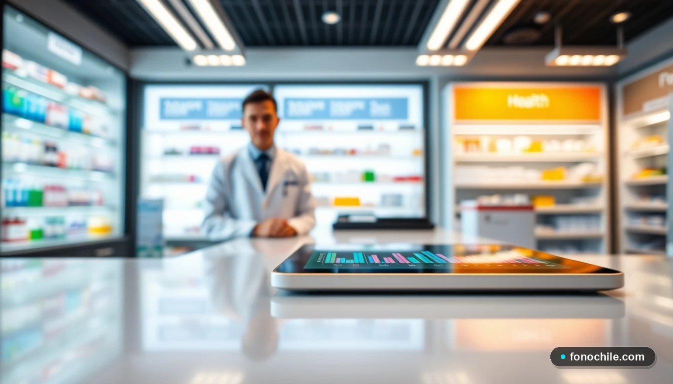 Farmacéutico en Chile revisando información de salud en una tablet sobre el mostrador de una farmacia moderna.