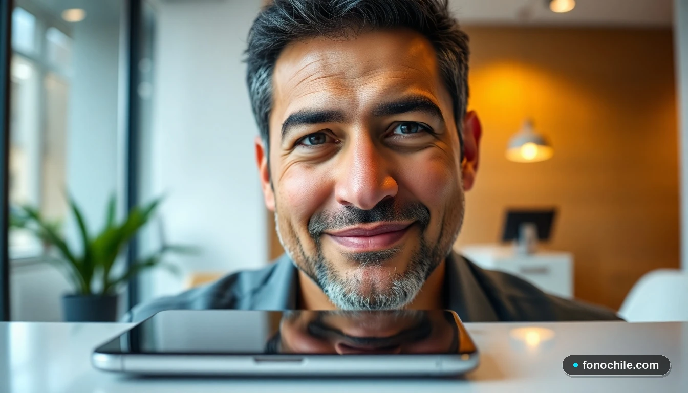 Representante de Hites Chile, hombre hispano, con dispositivos tecnológicos en una mesa de trabajo moderna.