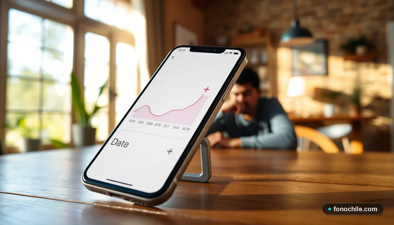 Smartphone mostrando gráfico de consumo de datos móviles con opción para agregar más gigas, en un entorno doméstico.