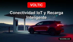 Un auto eléctrico Voltic cargando de forma inteligente en una estación IoT en el desierto de Atacama, Chile, 2026.