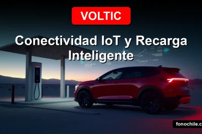 Un auto eléctrico Voltic cargando de forma inteligente en una estación IoT en el desierto de Atacama, Chile, 2026.