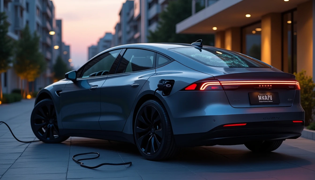 Vehículo eléctrico moderno cargando en un entorno urbano chileno al atardecer, con pantalla digital mostrando datos de navegación y batería.