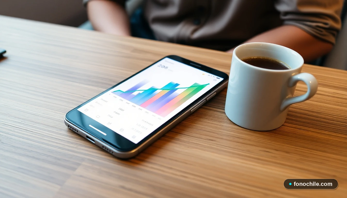 Smartphone mostrando gráficos financieros abstractos para gestionar un préstamo de avance de efectivo.