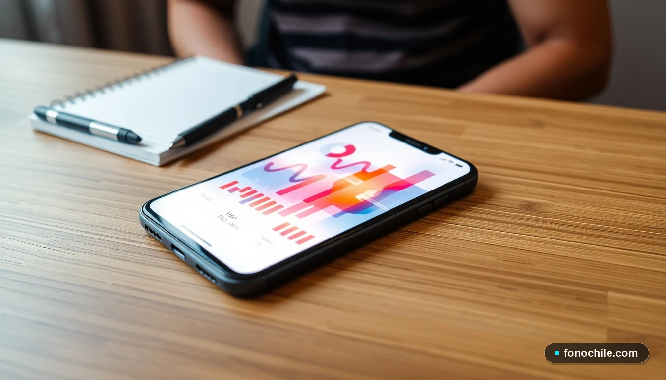 Smartphone mostrando gráficos abstractos de datos sobre programas de ayuda social en Chile, sobre una mesa de madera.