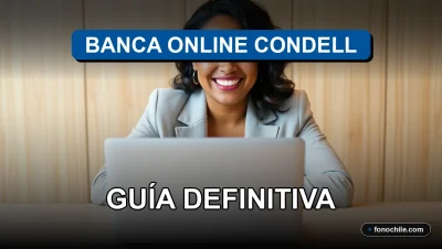 Una mujer latina sonríe con confianza mientras usa la banca en línea de Condell en su computadora portátil, mostrando gráficos abstractos en la pantalla.