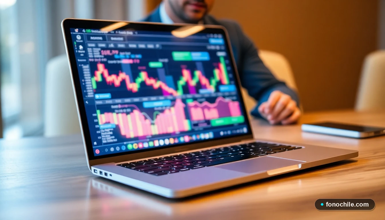 Pantalla de computador mostrando gráficos financieros abstractos y coloridos de la plataforma de banca en línea.