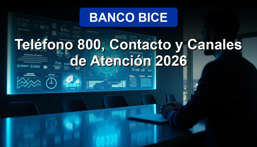 Hombre ejecutivo sonriente conversando por videollamada en una moderna oficina con pantallas digitales y logo de Banco BICE.