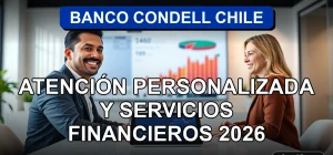 Banco Condell Chile, un asesor financiero atiende a un cliente en una moderna oficina con gráficos abstractos en pantalla.