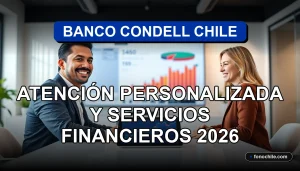Banco Condell Chile, un asesor financiero atiende a un cliente en una moderna oficina con gráficos abstractos en pantalla.