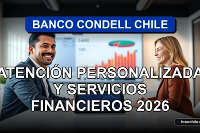 Banco Condell Chile, un asesor financiero atiende a un cliente en una moderna oficina con gráficos abstractos en pantalla.