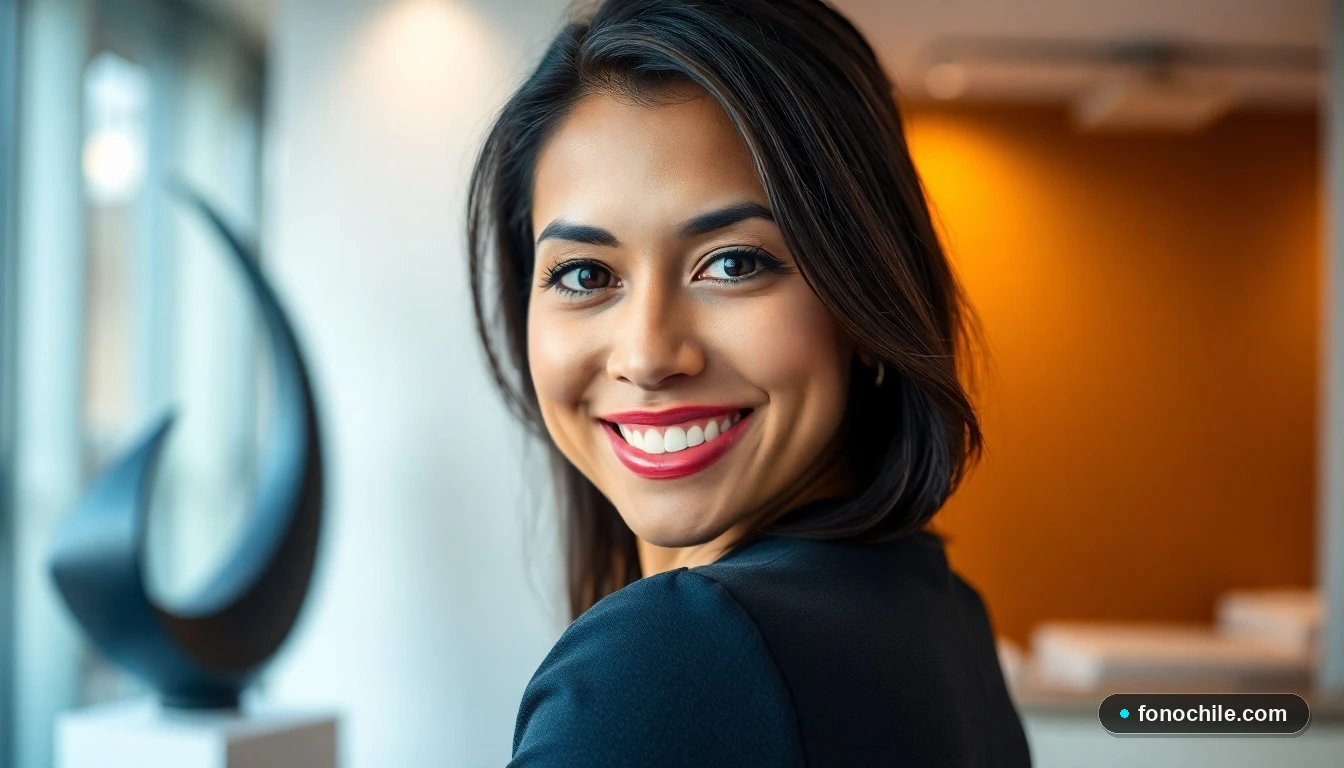 Primer plano de una asesora de Banco Condell Chile sonriendo con confianza en una oficina moderna.