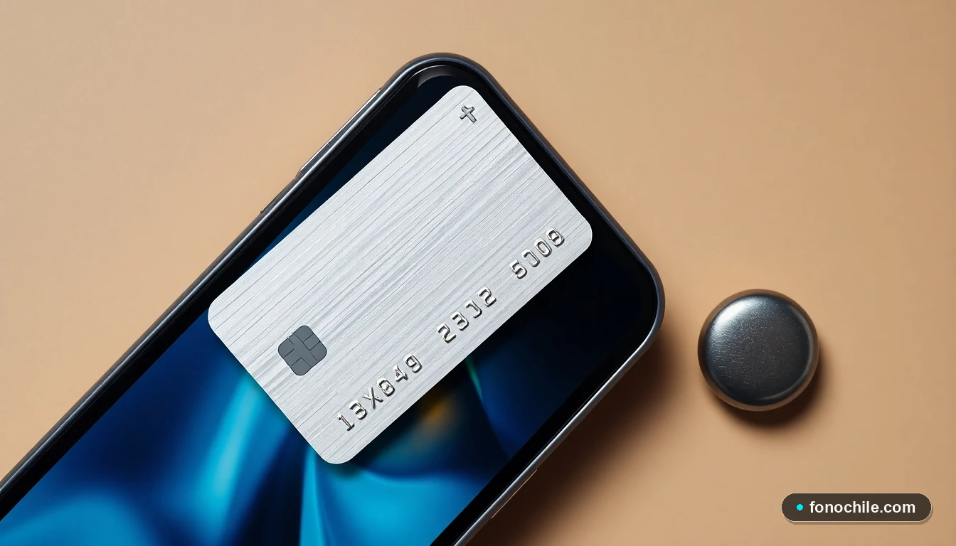 Vista aérea de los beneficios exclusivos de Banco de Chile: tarjeta de crédito metálica, teléfono inteligente y accesorios de lujo sobre madera noble.