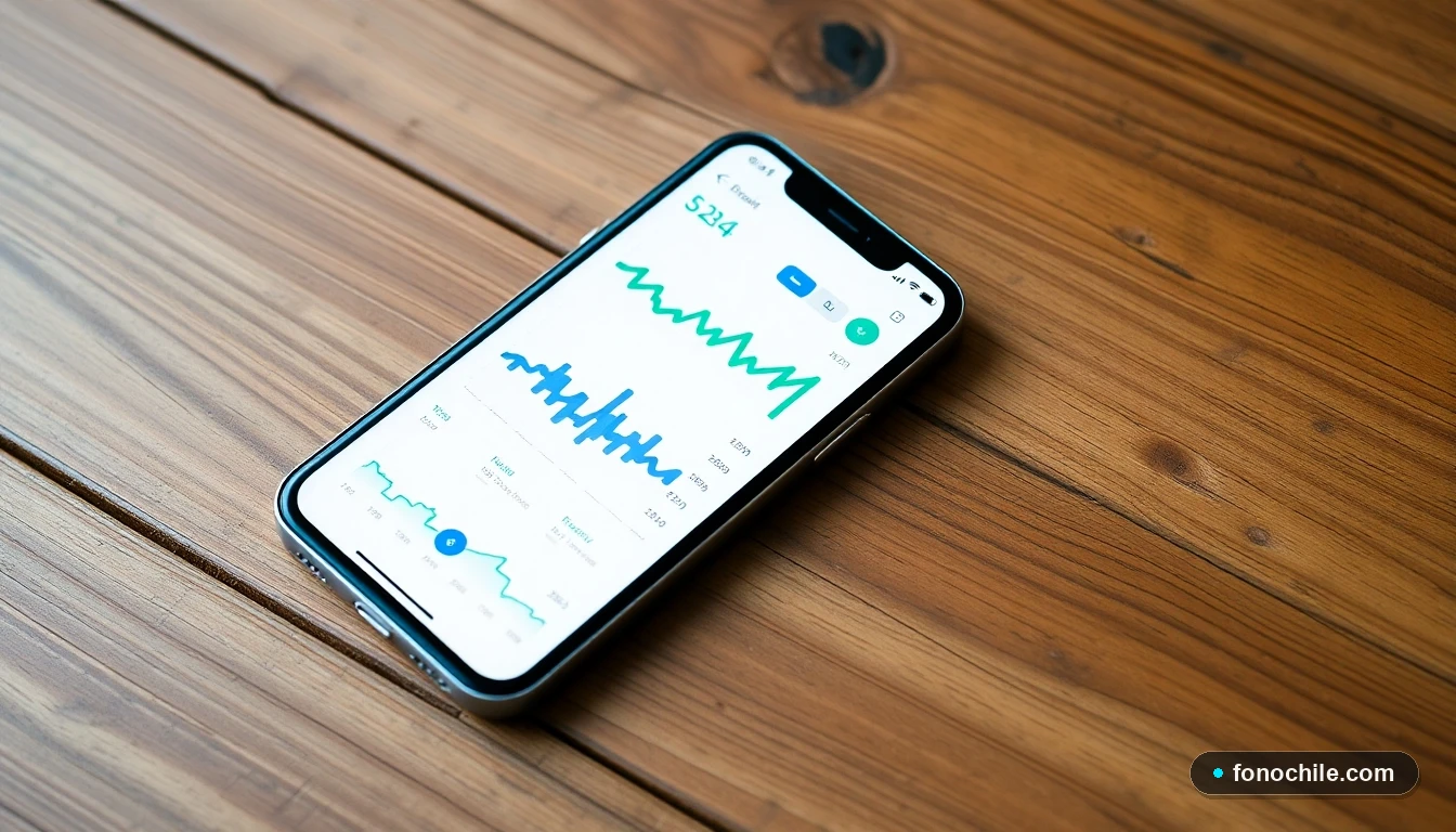 Smartphone mostrando gráficos financieros abstractos y coloridos de una aplicación bancaria moderna sobre una mesa de madera rústica.