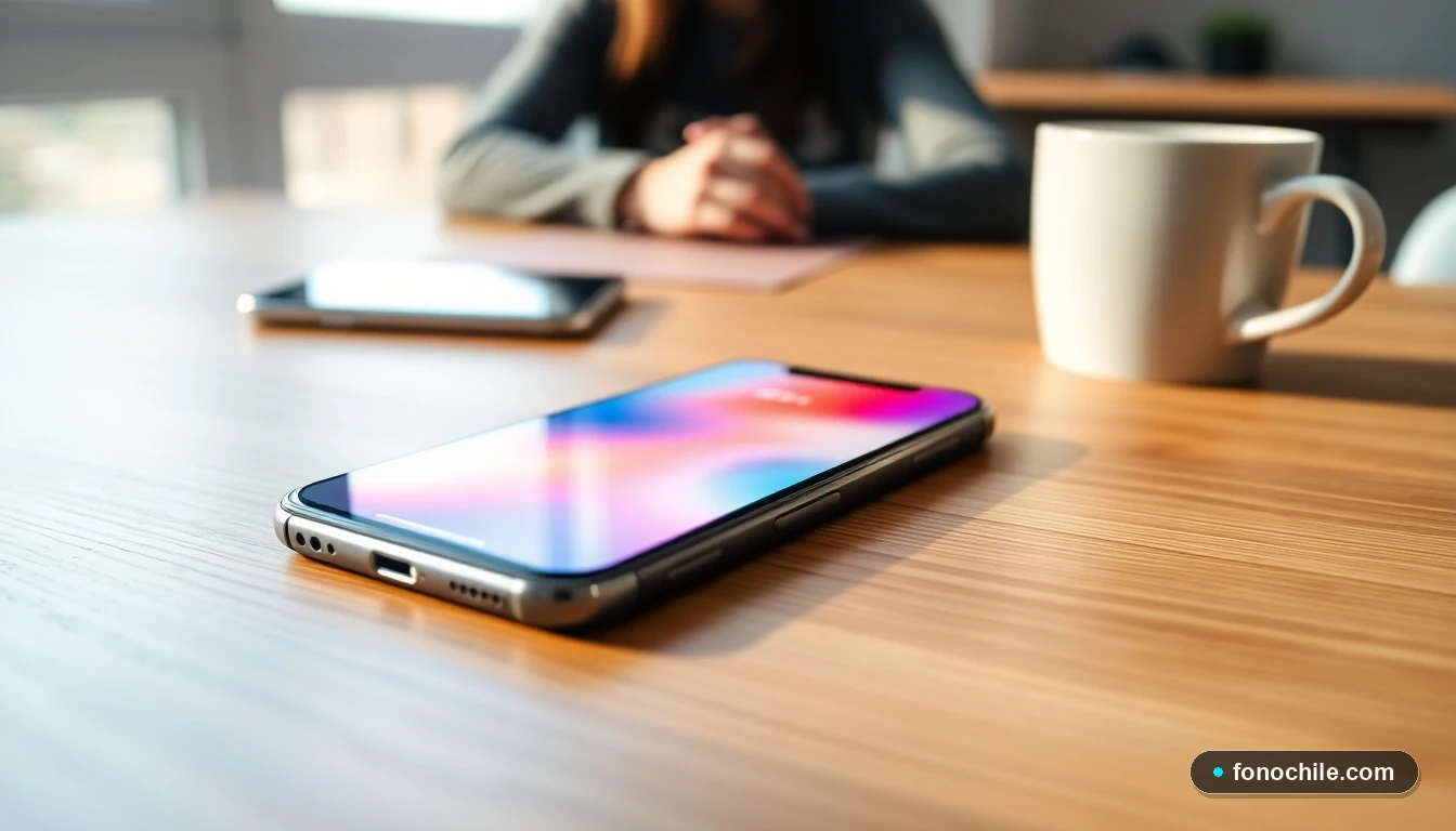 Smartphone mostrando una aplicación de servicio al cliente con gráficos abstractos de colores, sobre un escritorio de madera.