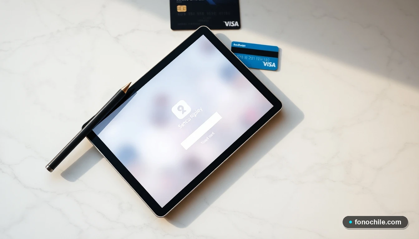 Vista aérea de una tablet en una superficie de mármol mostrando una interfaz genérica, con un lápiz digital y una tarjeta Banco Ripley al fondo.