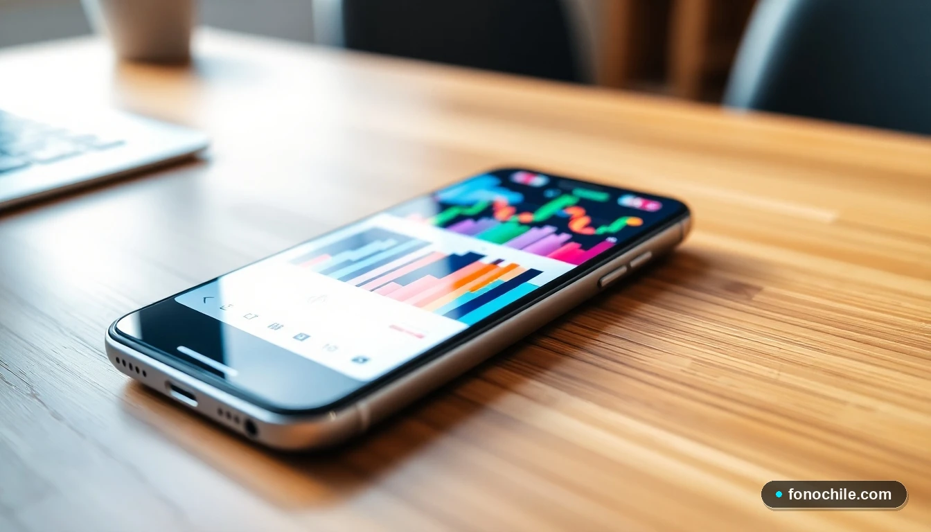 Smartphone mostrando gráficos financieros abstractos y coloridos de la aplicación de banco sobre una mesa de madera.