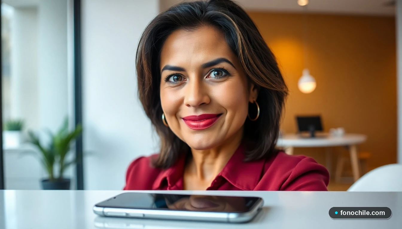 Cliente satisfecha con los servicios digitales de BancoEstado en un entorno moderno