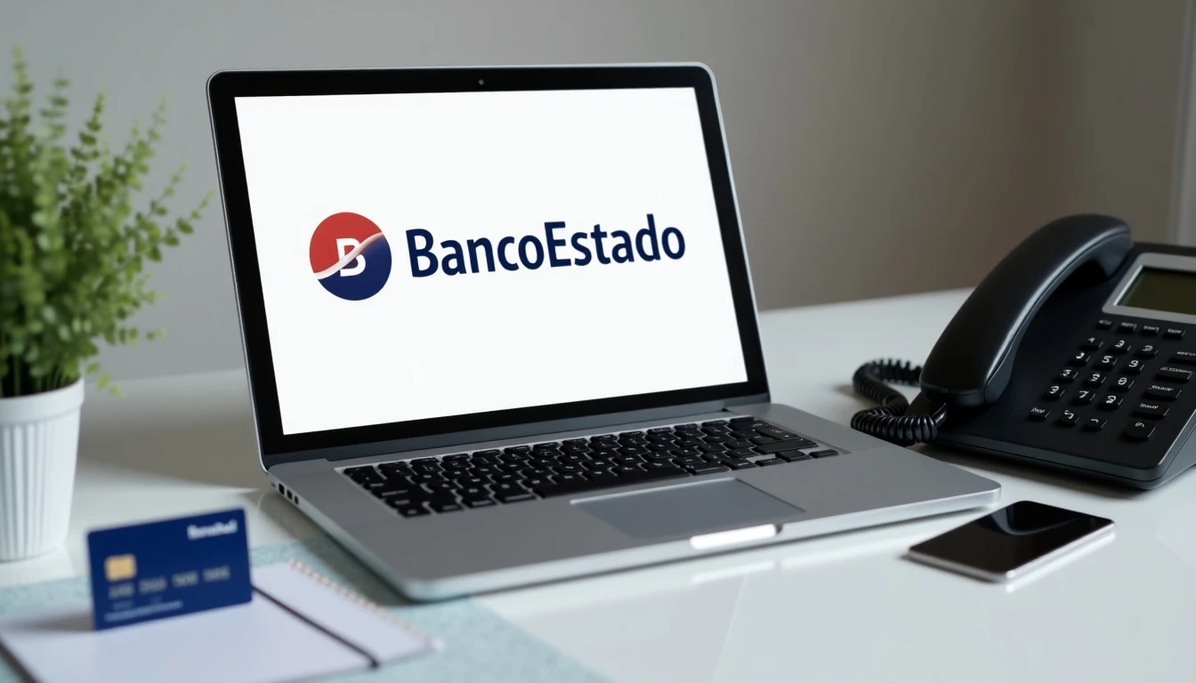 Contacta a BancoEstado: teléfono, laptop y tarjeta en escritorio moderno