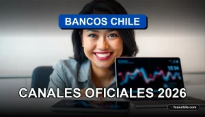 Una mujer latina sonriente, representando el servicio al cliente de los bancos en Chile, con un teléfono inteligente mostrando gráficos abstractos en su escritorio.