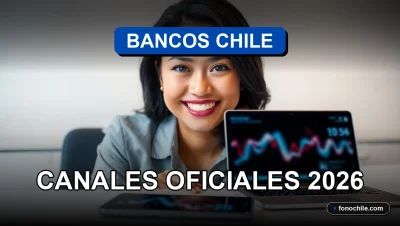 Una mujer latina sonriente, representando el servicio al cliente de los bancos en Chile, con un teléfono inteligente mostrando gráficos abstractos en su escritorio.