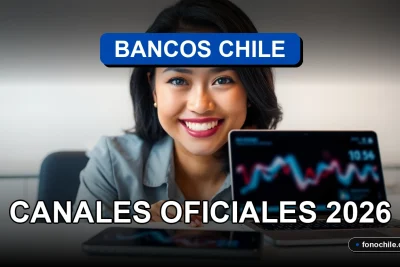 Una mujer latina sonriente, representando el servicio al cliente de los bancos en Chile, con un teléfono inteligente mostrando gráficos abstractos en su escritorio.