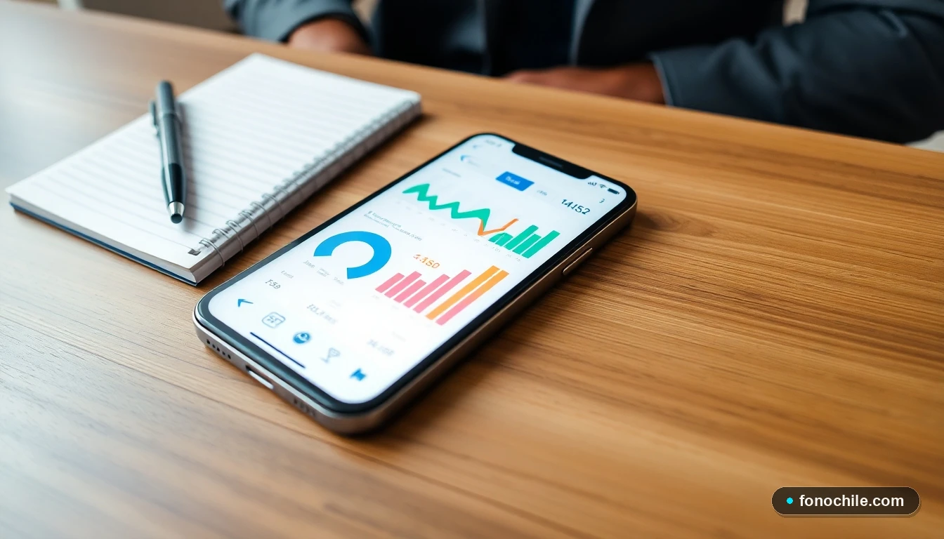 Smartphone mostrando una aplicación de banca con gráficos de colores en un escritorio, listo para gestionar contactos bancarios.