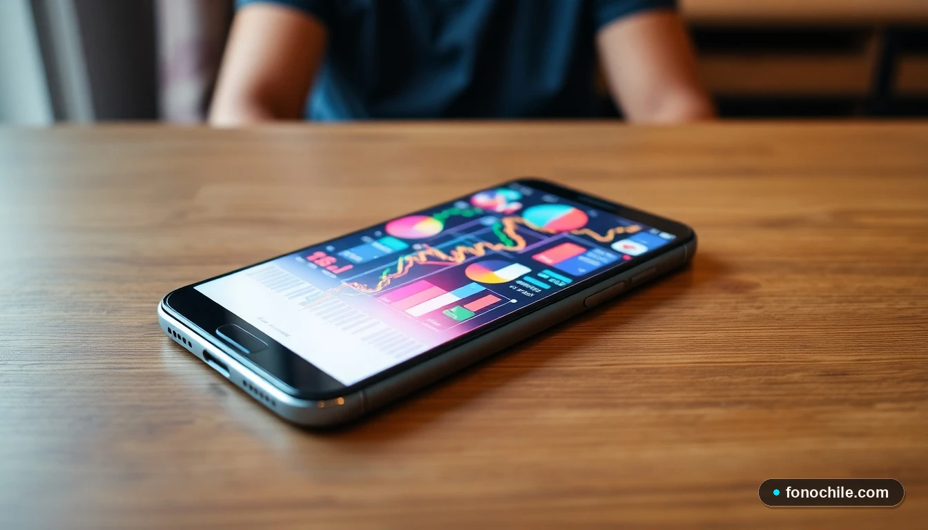 Smartphone mostrando gráficos financieros abstractos para gestionar cuentas bancarias en Chile.