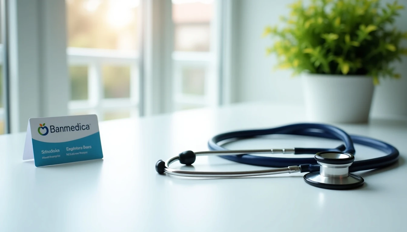 Stetoscopio y credencial Banmédica sobre escritorio, simbolizando salud y confianza.