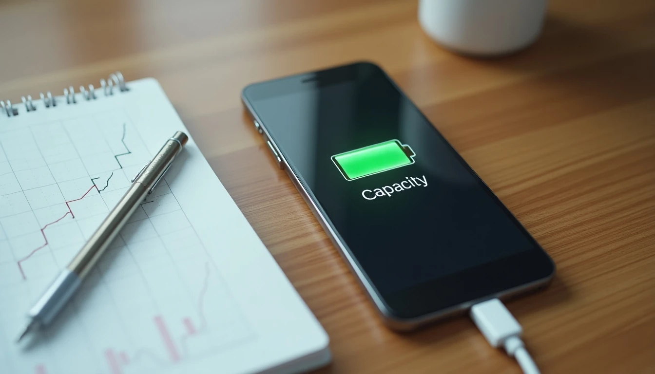 Smartphone moderno con icono de batería de alta capacidad sobre escritorio, representando autonomía duradera.