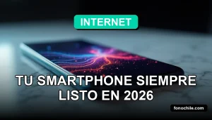 Un smartphone moderno de color negro mate con una batería de larga duración, mostrando gráficos abstractos en su pantalla, sobre una mesa de mármol blanco con un fondo minimalista.