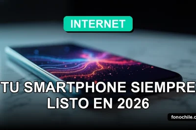 Un smartphone moderno de color negro mate con una batería de larga duración, mostrando gráficos abstractos en su pantalla, sobre una mesa de mármol blanco con un fondo minimalista.