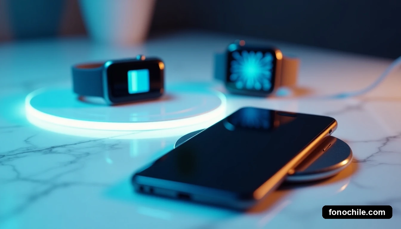 Vista lateral baja de un smartphone y accesorios inteligentes en una mesa de mármol, mostrando un ecosistema de carga y batería de gran autonomía para 2026.