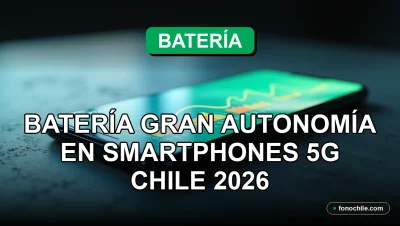 Primer plano de un smartphone 5G moderno con pantalla mostrando gráficos de batería abstractos, sobre una mesa de diseño minimalista.