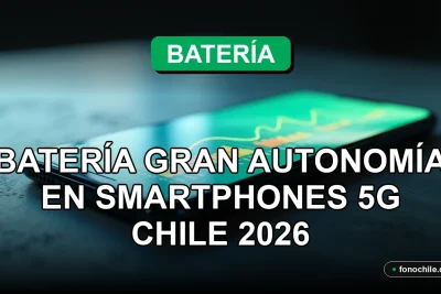 Primer plano de un smartphone 5G moderno con pantalla mostrando gráficos de batería abstractos, sobre una mesa de diseño minimalista.