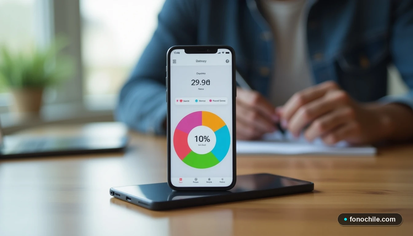 Smartphone moderno mostrando un dashboard de salud de batería al 100%, sobre una mesa de madera, con gráficos de rendimiento de autonomía desenfocados de colores.