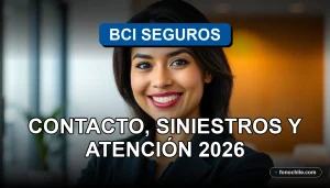 Mujer latina sonriente, representante de servicio al cliente de BCI Seguros, en oficina moderna.