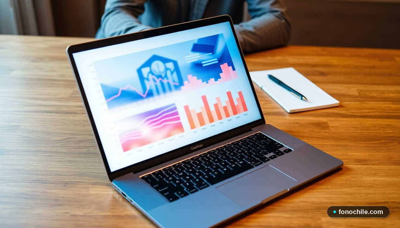 Pantalla de laptop mostrando gráficos abstractos de colores sobre análisis de becas universitarias en Chile.