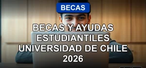 Estudiante universitario revisando información de becas y ayudas estudiantiles en una laptop, con gráficos abstractos en pantalla.