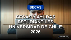 Estudiante universitario revisando información de becas y ayudas estudiantiles en una laptop, con gráficos abstractos en pantalla.