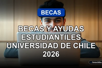 Estudiante universitario revisando información de becas y ayudas estudiantiles en una laptop, con gráficos abstractos en pantalla.