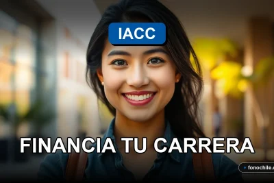 Estudiante universitaria sonriente con beca IACC en fondo desenfocado de campus