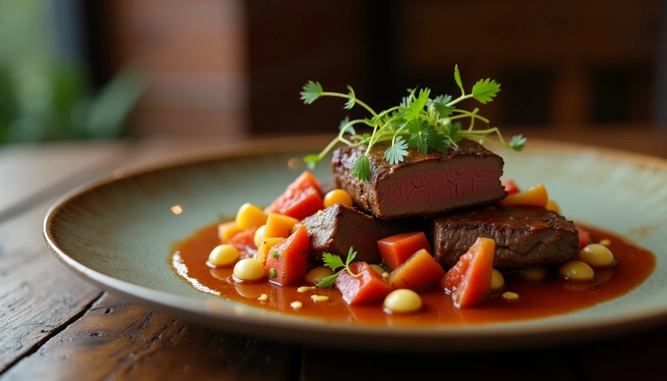 Plato gourmet de la cocina chilena moderna en Bendito Restobar Machalí